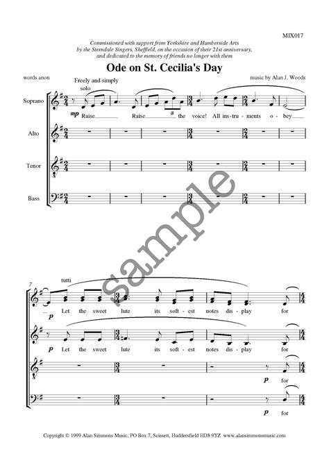 Ode On St Cecilias Day Satb Alan Simmons Music Choral Sheet