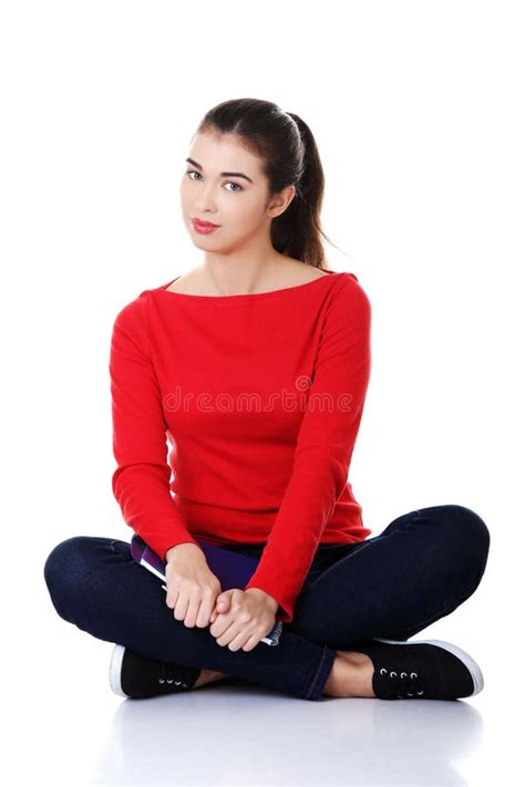Woman Sitting Cross Legged With Notebook Stock Image Image Of