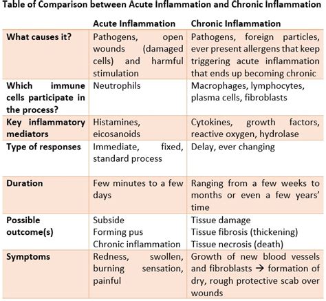 Difference Between Acute And Chronic Inflammation Table