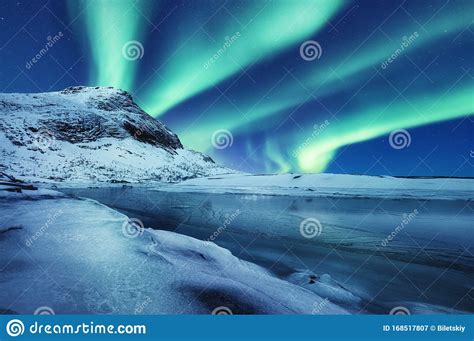 Aurora Borealis Lofoten Islands Norway Winter Landscape In The Night