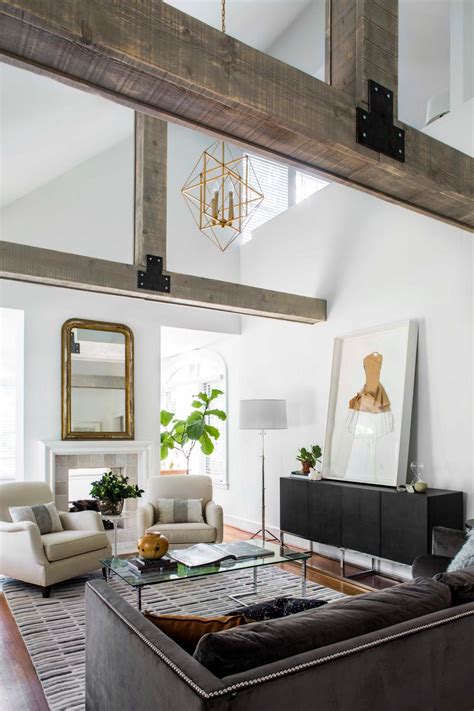 White Living Room With Exposed Beams And Gray Furnishings Hgtv