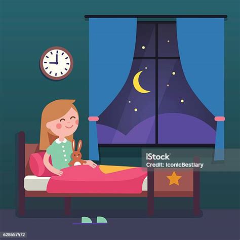Girl Kid Preparing To Sleep Bedtime In Bed Stock Illustration