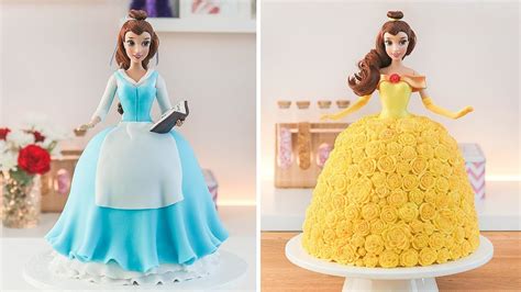 This cake is frosted with pink and tiffany buttercream, decorated with fondant and piped sea elements (coral, seashells) and sprinkles. DISNEY PRINCESS 🌹BELLE DOLL CAKE - BEAUTY AND THE BEAST ...