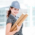 Portrait of a smiling female architect holding blueprints — Stock Photo ...