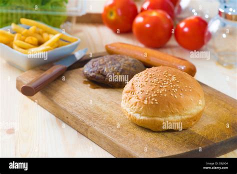 Hamburger Fast Food Ingredients With Plenty Of Raw Materials On The
