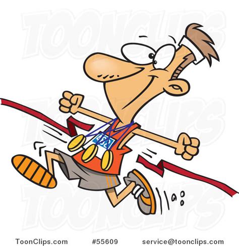 Cartoon Athletic Marathon Runner Breaking Through A Finish Line With