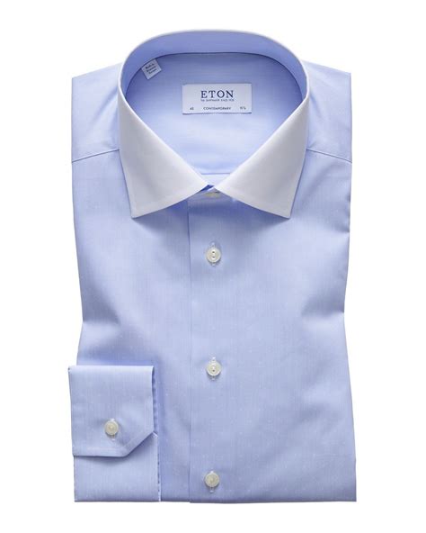 Eton Mens Contemporary Fit White Collar Solid Dress Shirt In Blue