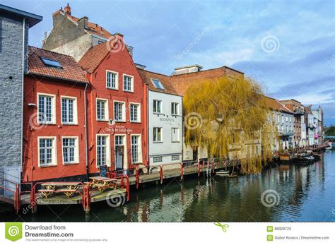 Colorful Houses On The Waterfront In Ghent Belgium Editorial Image