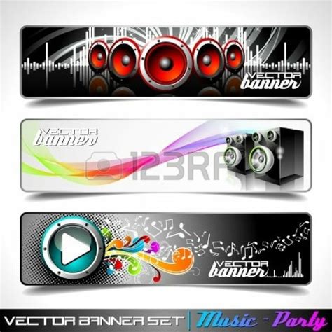 Three Music Banners With Speakers And Sound Waves