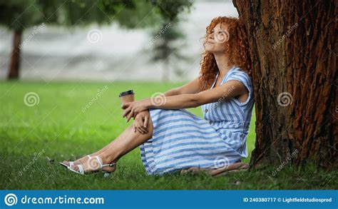 Joyful Redhead Woman In Blue Dress Stock Image Image Of Blue Outside