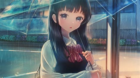 Download 3840x2160 Anime School Girl Transparent Umbrella Raining