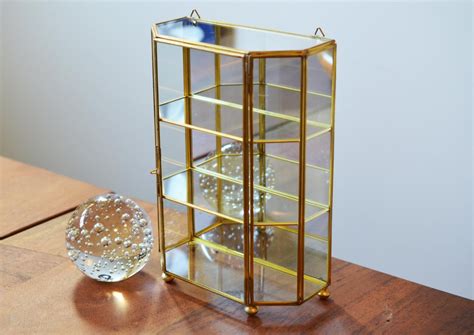 Vintage Brass And Glass Curio Cabinet 10 Tall Wall Hanging Figurine Display Case Mirrored