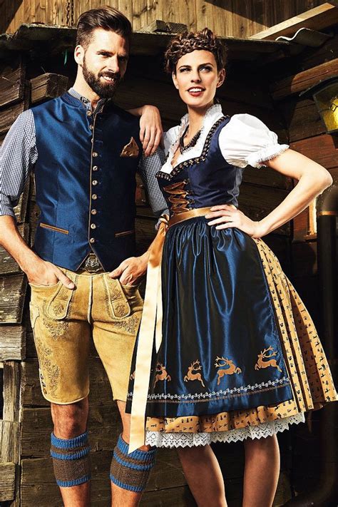 these are traditional german oktoberfest attire liederhosen for men and dirndls for w