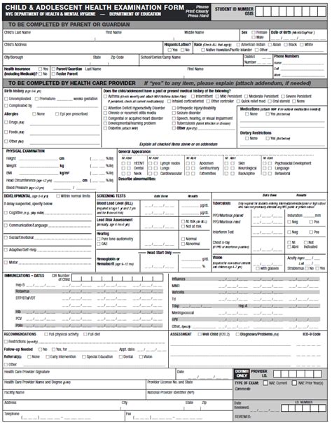 Child And Adolescent Health Examination Form Templates At