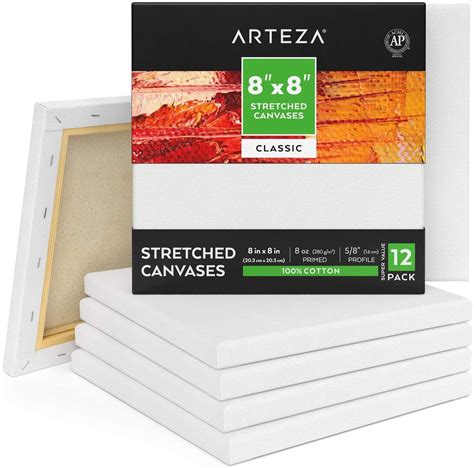 Arteza Stretched Canvas Classic White 8x8 Blank Canvas Boards For