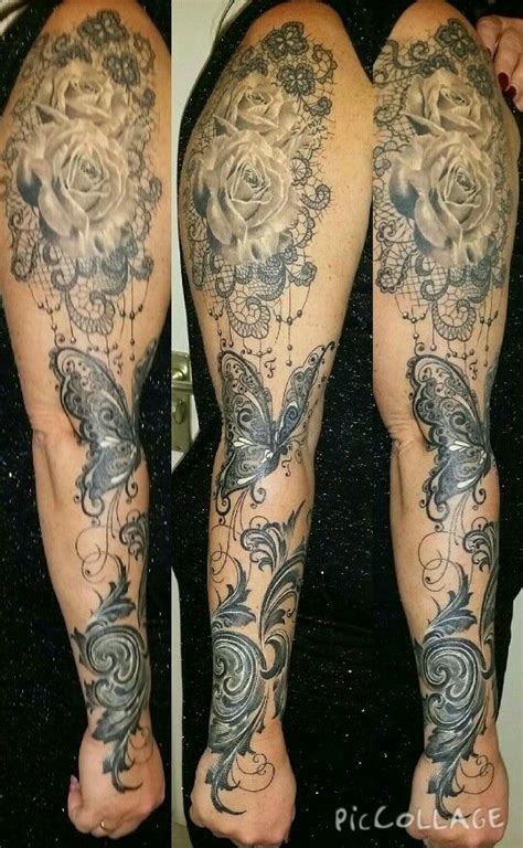 Happy With My Tattoo Sleeve Roses Lace Butterfly