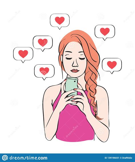 Social Media Addiction Girl With Notification Icons Stock Vector