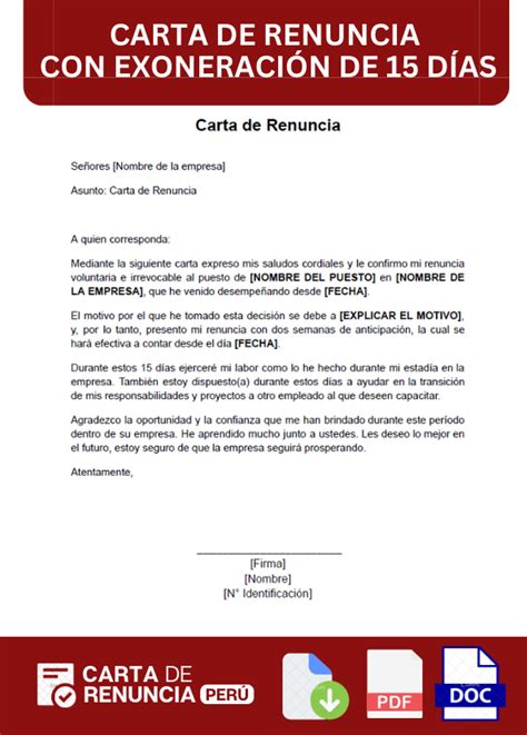 Carta De Renuncia Con Exoneraci N De D As Ejemplos