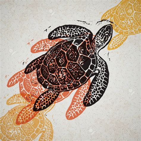 Vector Sea Turtle In Abstract Composition Linocut Sea Turtles In