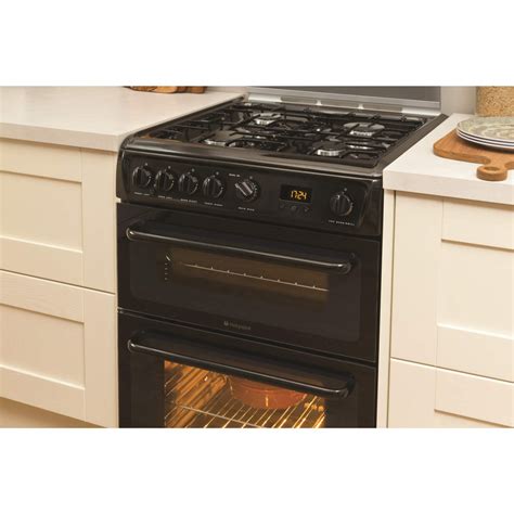 Grade A2 Hotpoint Hagl60k 60cm Double Oven Gas Cooker With Lid Black