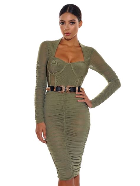 Army Green And Black Color Ladies Hl Bandage Dress Long Sleeve Square Collar Sexy Bodycon Knee