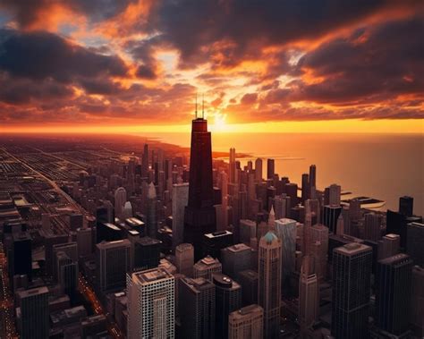 Premium Ai Image Chicago City Skyline Dramatic Sunset On The Downtown