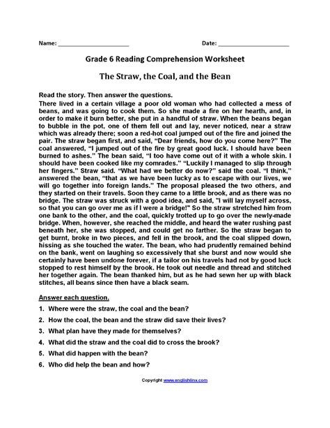 Reading Worksheets For 6th Graders