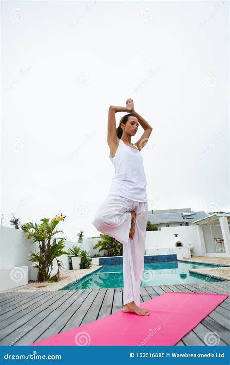 Woman Performing Yoga Near Swimming Pool In The Backyard Stock Image Image Of African Life