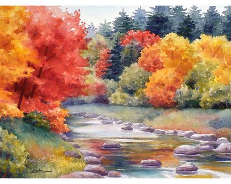 Autumn Watercolor Print New England Fall Trees Landscape Etsy