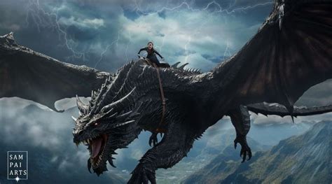 A Man Riding On The Back Of A Dragon In Front Of A Storm Filled Sky