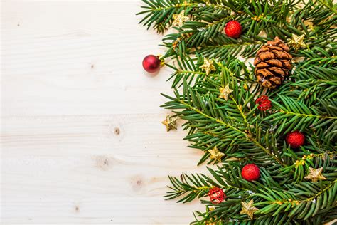 Pine Branches And Red Ornaments Background Free Christmas Hq