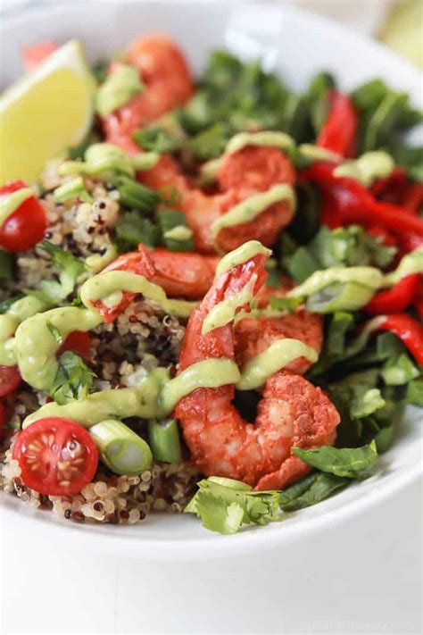 Blackened Shrimp Quinoa Bowl With Avocado Crema Easy Healthy Recipes