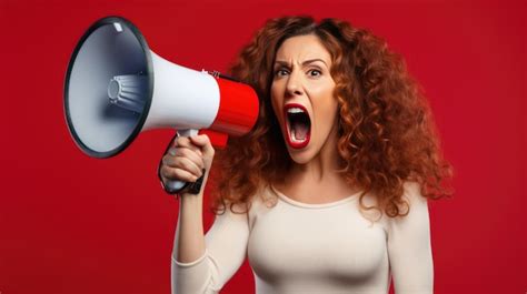 Premium Ai Image Woman Screaming Into A Loudspeaker Isolated On Red