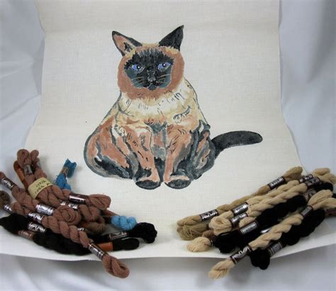 Painted Needlepoint Canvas Siamese Cat With Dmc Wool Tapestry Yarn Vtg