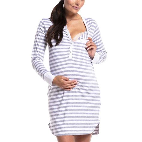 Vestido De Lactancia Maternidad Botones Rayas Manga Larga Camisón Embarazada Ropa De Dormir