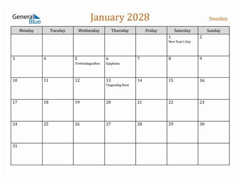 January 2028 Sweden Monthly Calendar With Holidays