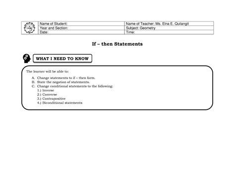 1 Worksheet For If Then Statements Name Of Student Name Of Teacher