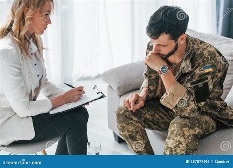 With Notepad Soldier Have Therapy Session With Psychologist Indoors
