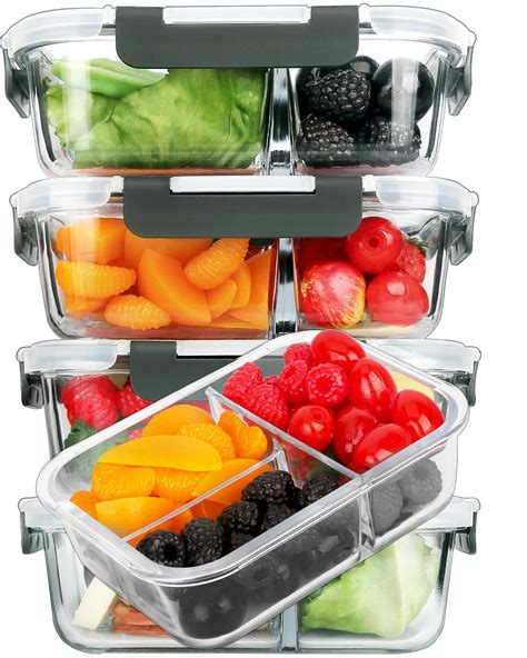 5 Pack 36 Oz Glass Meal Prep Containers 3 Compartment With Lids