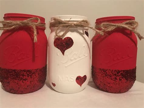 Red And White Mason Jars Set Of 3 Valentines Day Mason Etsy