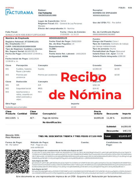 Ejemplo De Recibo De N Mina Cfdi Nomina Nomina De Pago Recibo