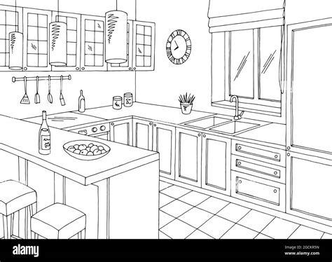 Kitchen Room Graphic Black White Home Interior Sketch Illustration