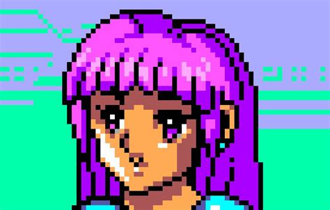 A Pixel Art Image Of A Woman With Pink Hair And Blue Shirt Looking At