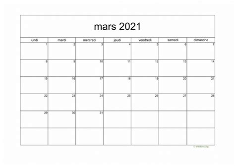 Calendrier Mars 2021