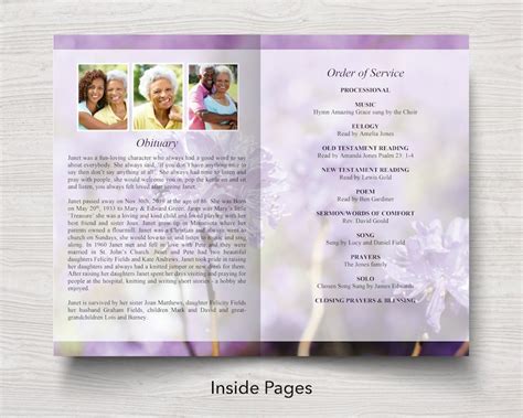 Purple Flowers Funeral Program Template Purple Memorial Etsy