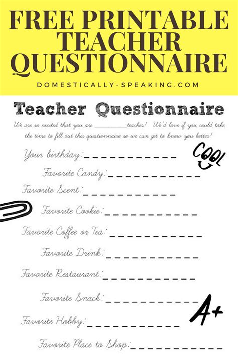 Teacher T Questionnaire Printable Domestically Speaking