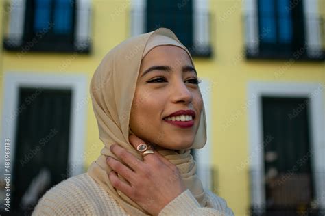 Portrait Of Muslim Woman Face Outdoors Close Up Arab Girl In Hijab