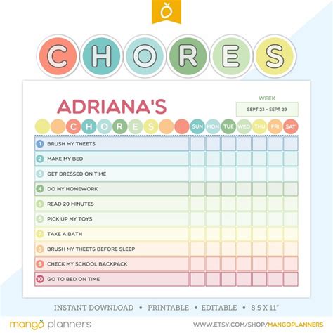 Kids Chore Chart Printable Kids Chore Chart Printable Kids Etsy Uk