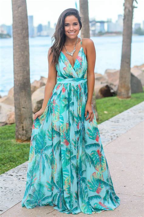 Turquoise Tropical Print Maxi Dress Tropical Maxi Dress Maxi Dress