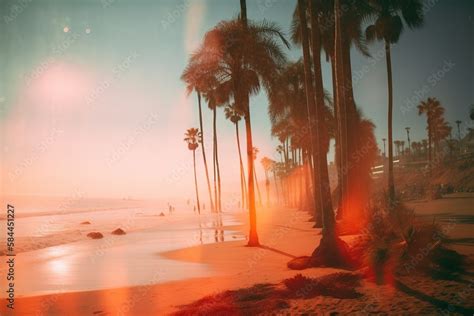 Palm Trees On A Beach With Light Leaks And Sun Flares Analog Film Look Summer Vibes Generative
